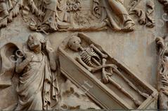 Skeleton in Casket on Facade of Orviotto Duomo, Italy religious catholic